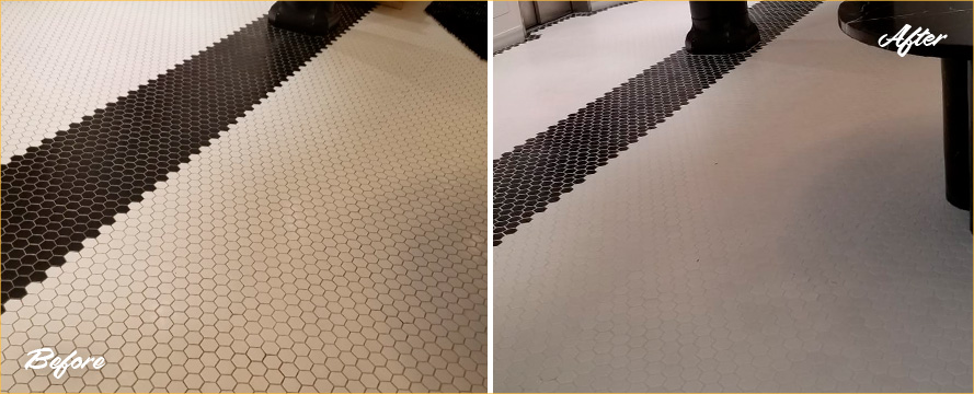 Before and after Picture of a Tile Cleaning Process in Soho