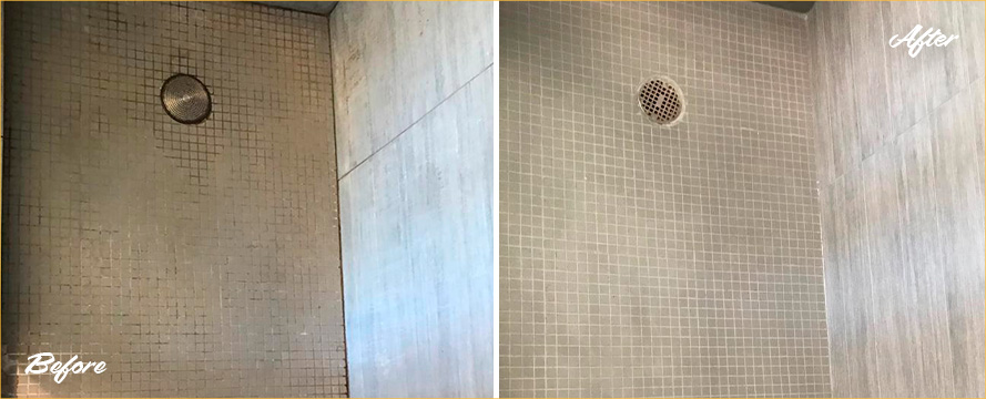Shower Before and After Tile and Grout Cleaning in Manhattan, NY