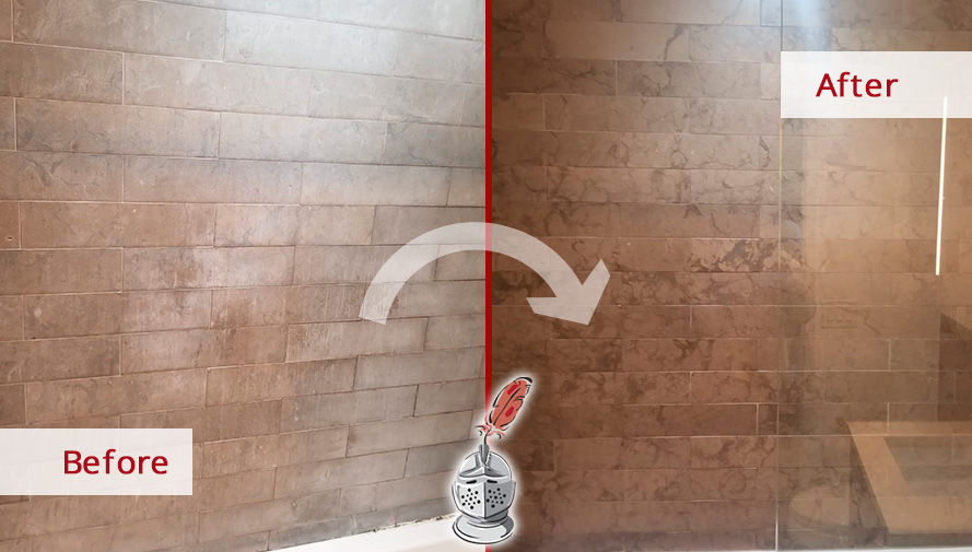 Before and After Image of a Shower's Natural Stone Cleaning in Manhattan