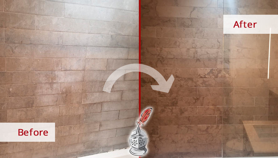 Before and After Image of a Shower's Natural Stone Cleaning in Manhattan