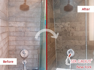 Before and After Image of a Shower After a Stone Cleaning in Manhattan