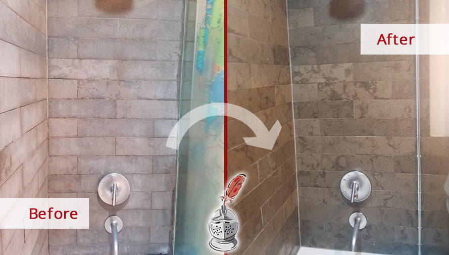 Before and After Image of a Slate Shower Stone Cleaning in Manhattan