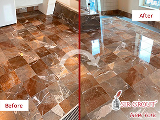 Before and After Image of a Marble Surface After a Professional Stone Polishing in Upper West Side, NY