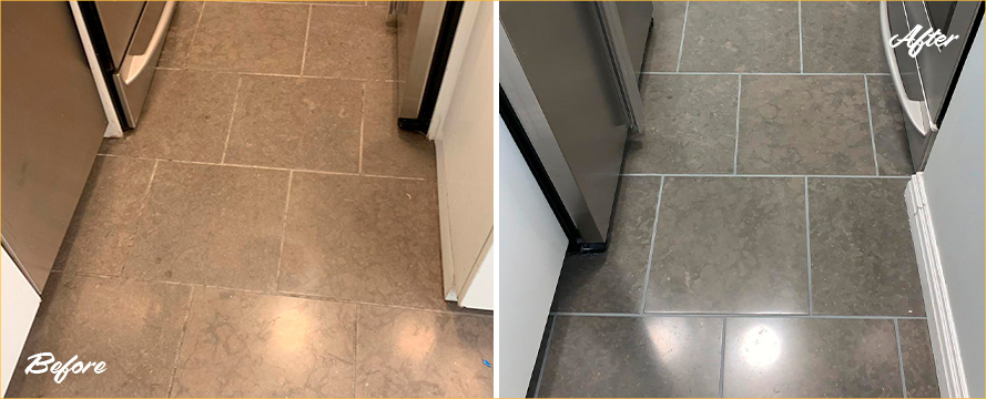 Kitchen Floor Before and After a Stone Honing in Manhattan, NY