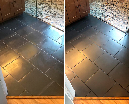 Tiled Black Floor Before and After Our Grout Sealing in Soho, NY