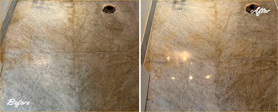 Shower Floor Before and After a Stone Polishing in Manhattan, NY
