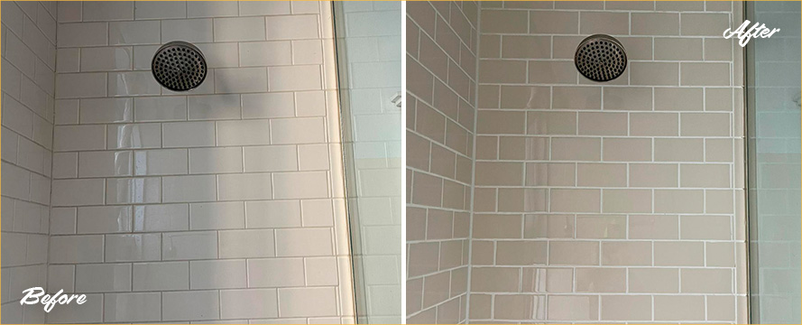 Shower Floor Before and After a Superb Grout Cleaning in Manhattan, NY