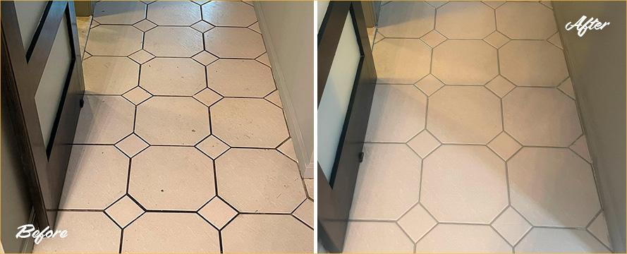 Hallway Floor Before and After a Grout Recoloring in Manhattan