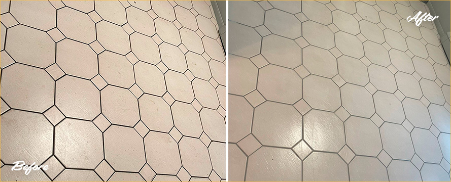 Kitchen Floor Before and After a Grout Recoloring in Manhattan