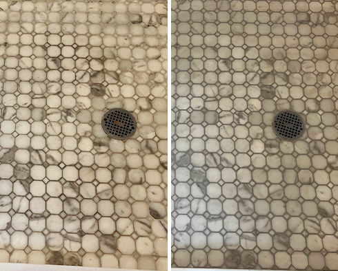 Shower Floor Before and After a Grout Sealing in Harlem, NY