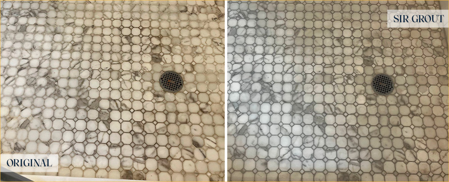 Shower Floor Before and After a Grout Sealing in Harlem, NY