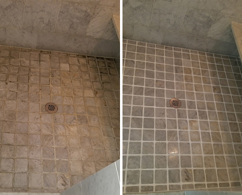 Marble Shower Before and After a Grout Sealing in Manhattan