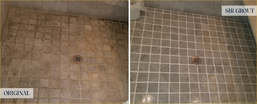 Marble Shower Before and After a Grout Sealing in Manhattan