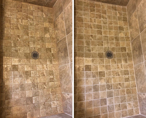 Tile Shower Floor Before and After a Grout Sealing in Manhattan