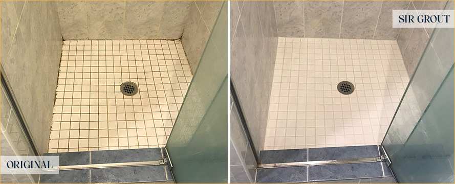 Tile Shower Before and After a Grout Cleaning in Chelsea