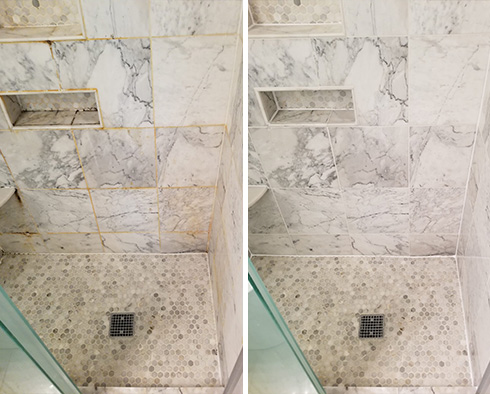 Tile Shower Before and After a Grout Cleaning in Chelsea