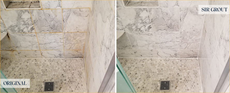 Tile Shower Before and After a Grout Cleaning in Chelsea