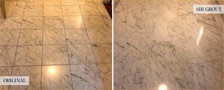 Floor Before and After a Flawless Grout Recoloring in Lincoln Square, NY