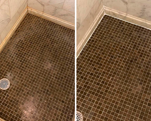 Shower Floor Before and After Our Lincoln Square Grout Cleaning Service