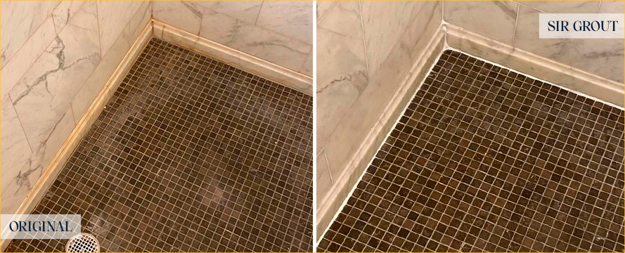 Shower Floor Before and After Our Lincoln Square Grout Cleaning Service