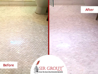 Before and After Picture of a Marble Bathroom Grout Cleaning in Upper East Side