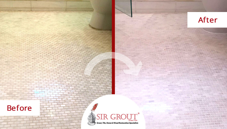 Before and After Picture of How a Marble Bathroom Floor was Left Like New Thanks to a Grout Cleaning Service in Upper East Side