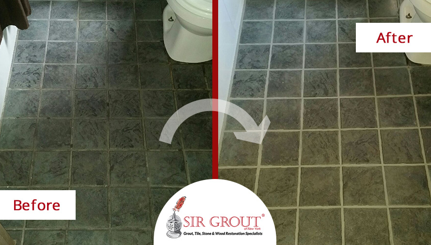 Before and After Picture of a Bathroom Floor Grout Cleaning and Sealing Service in Manhattan, NY