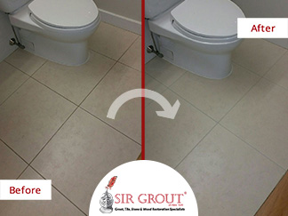 Before and After Picture of a Bathroom Floor Grout Cleaning Service in Harlem, New York