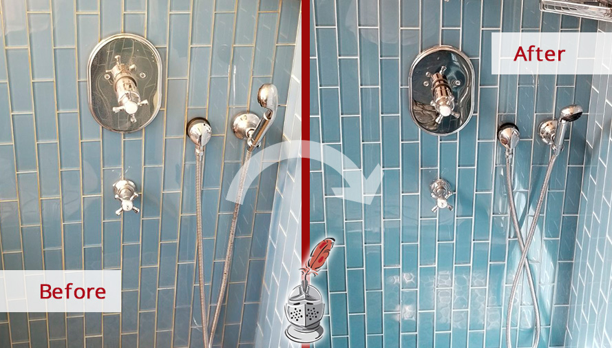 Before and After Picture of a Bathroom Grout Recoloring in Manhattan, New York