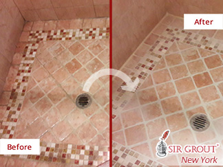 Before and After Picture of a Shower Floor Grout Sealing in Manhattan, New York