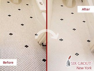Before and After of a Bathroom Floor Tile Cleaning Job in Manhattan, New York