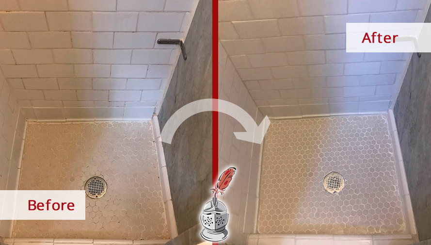 Before and After Picture of a Shower Floor Grout Sealing Service in Soho, New York