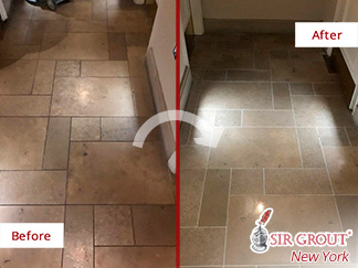 Before and After Picture of a Limestone Floor Grout Sealing Service in Manhattan